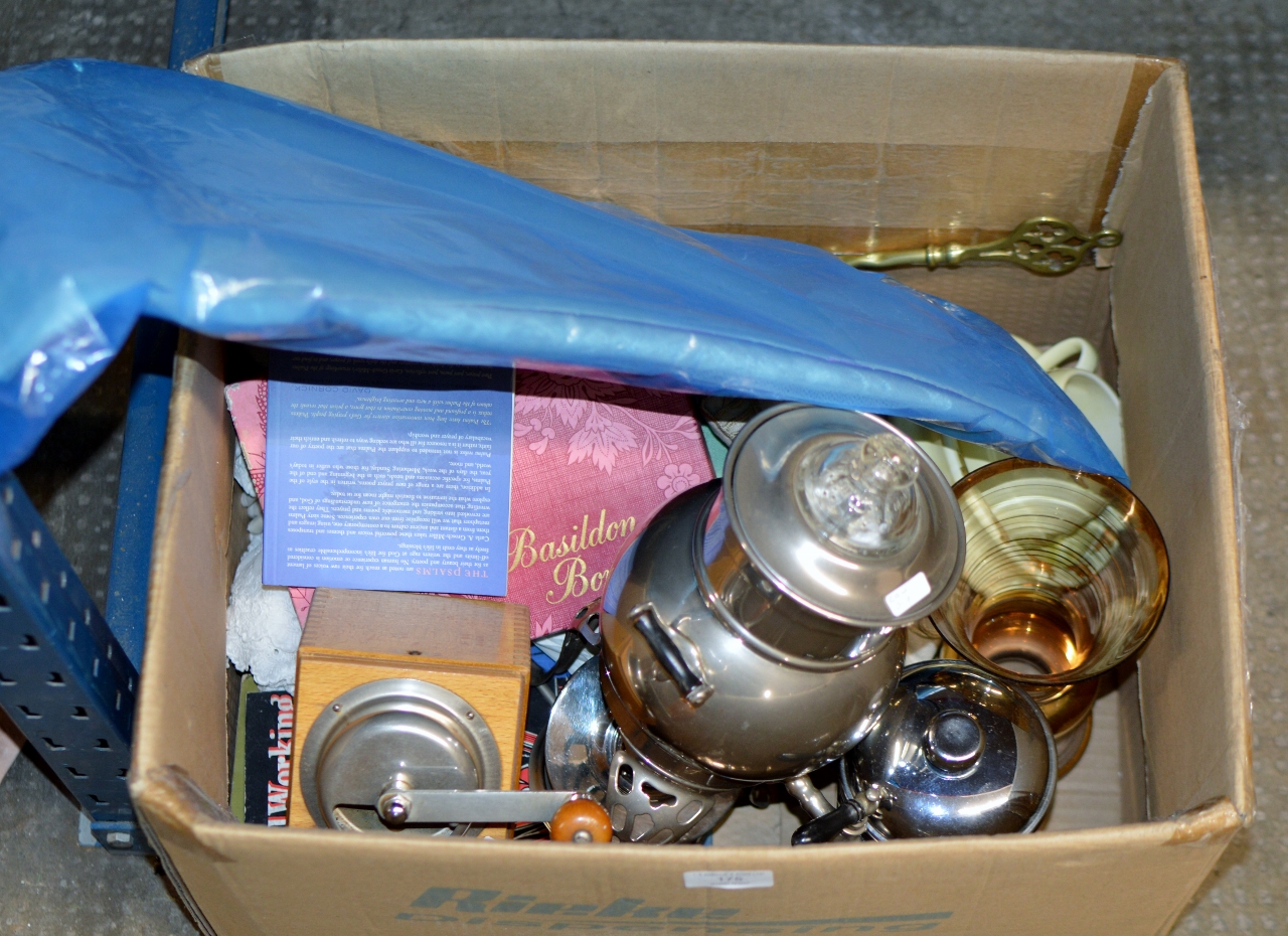 BOX CONTAINING SAMOVAR, COFFEE GRINDER, GLASS WARE, BUNNYKINS CUP & SAUCER, LINEN, BOOKS ETC