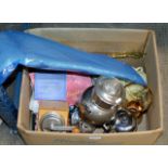 BOX CONTAINING SAMOVAR, COFFEE GRINDER, GLASS WARE, BUNNYKINS CUP & SAUCER, LINEN, BOOKS ETC