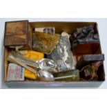 BOX WITH WOODEN BOOKENDS, VARIOUS CUTLERY, BRASS THERMOMETER, VINTAGE COIN PURSE, ORIENTAL BOX ETC