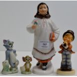 AN 8" USSR PORCELAIN FIGURINE ORNAMENT, A 5" GOEBEL / HUMMEL FIGURE ORNAMENT & A WADE PORCELAIN