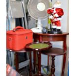 MAHOGANY EFFECT HALF MOON TABLE, 3 MAHOGANY EFFECT OCCASIONAL TABLES, CARRY CASE & SANTA DISPLAY