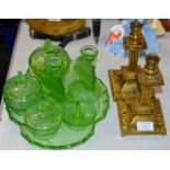 GREEN GLASS DRESSING TABLE SET & PAIR OF BRASS CANDLE STICKS