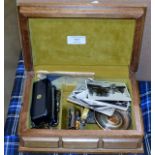 BOX WITH COIN INSERT PIN DISH, SMALL FRUIT KNIFE, VARIOUS POSTCARDS, HARMONICA ETC