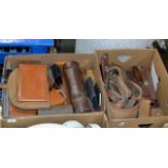 2 BOXES WITH QUANTITY VARIOUS LEATHER WARE, VARIOUS LEATHER BOUND BOXES, LEATHER BELTS, LEATHER