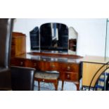 MAHOGANY DRESSING TABLE WITH TRIPLE MIRROR, GLASS PRESERVE & STOOL