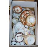 BOX CONTAINING ONYX BIRD ORNAMENT, QUANTITY IMARI TEA WARE, LIMOGES TEA WARE, DOULTON DISHES,