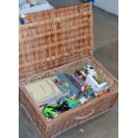 WICKER HAMPER WITH VARIOUS TOYS, BOOKS ETC