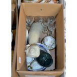 BOX WITH OLD STEM GLASSES, LARGE FIGURINE ORNAMENT, CHAMBER POT, POTTERY VASE, TEA WARE ETC