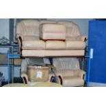 4 PIECE LEATHER LOUNGE SUITE WITH WOOD TRIM COMPRISING 3 SEATER SETTEE, 2 SINGLE CHAIRS & FOOT STOOL