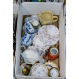 BOX CONTAINING QUANTITY LIMOGES TEA WARE, ANIMAL ORNAMENTS, NORITAKE TEA WARE, ORIENTAL STYLE VASES,