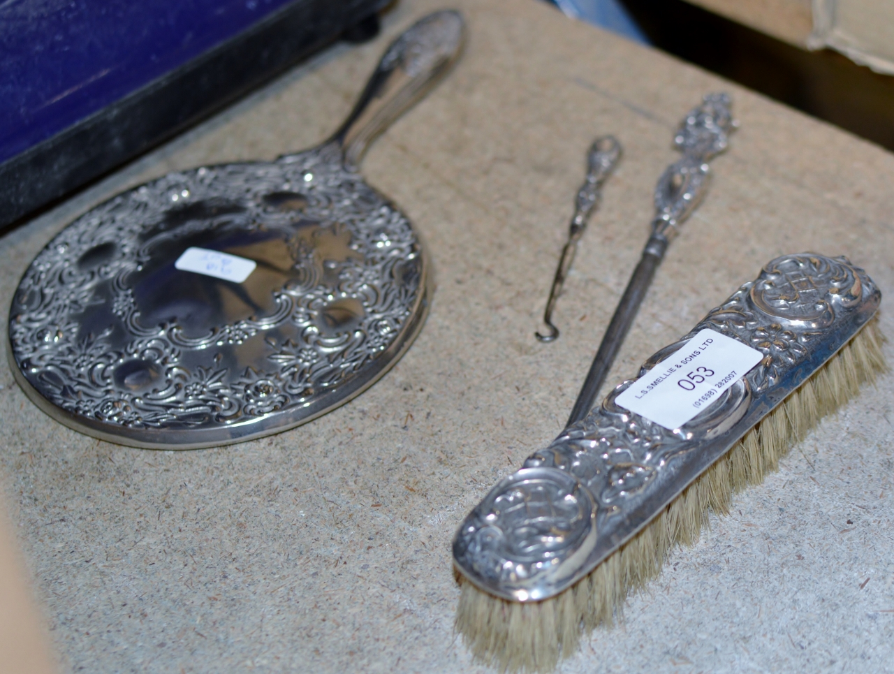 SILVER BACKED BRUSH, 2 SILVER BUTTON HOOKS & ORNATE HAND MIRROR