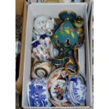 BOX WITH MIXED CERAMICS, PAIR OF ORIENTAL VASES, LIDDED TUREEN, IMARI STYLE BOWL, LARGE POTTERY JUG,