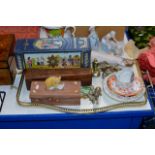 TRAY CONTAINING TRINKET BOXES, WHITE METAL HORSE ORNAMENTS, OLD WHISKY TIN, VARIOUS DISHES ETC