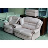 3 PIECE PINK LEATHER LOUNGE SUITE WITH WOOD TRIM COMPRISING 2 SEATER SETTEE, SINGLE ARM CHAIR & FOOT