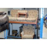 3 PIECE CINTIQUE WOODEN FRAMED LOUNGE SUITE COMPRISING 3 SEATER SETTEE, SINGLE ARM CHAIR & FOOT