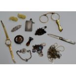 A LOT OF VARIOUS COLLECTABLE ITEMS INCLUDING A SMALL WAX SEAL, A PAIR OF GILT LORGNETTES, MILITARY