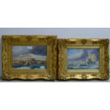 A PAIR OF 7” X 11” INTERESTING GILT FRAMED WATERCOLOURS “ARCTIC & ANTARCTIC SCENES”, ENLARGED FROM