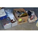 3 BOXES WITH GENERAL CERAMICS, VARIOUS CUTLERY, BRASS WARE, LIDDED TIN, STEM GLASSES ETC