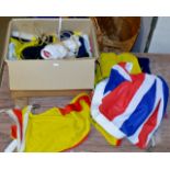 A BOX WITH A COLLECTION OF VARIOUS FLAGS, MILITARY SIGNAL FLAGS, UNION FLAGS & VARIOUS OTHER FLAGS