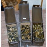 3 METAL DOUBLE HANDLED AMMUNITION CRATES WITH A LARGE QUANTITY OF SPENT L2A2 BULLET CASINGS