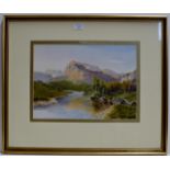 A 10½" X 14¾" GILT FRAMED WATERCOLOUR - LOCH LANDSCAPE WITH HIGHLAND CATTLE, BY W.T.J. BURTON,