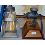 VINTAGE MINCER ON STAND & GLASS BUTTER CHURN ON STAND