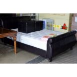 MODERN LEATHER DOUBLE BED FRAME WITH MATTRESS & PAIR OF MATCHING PADDED OTTOMANS