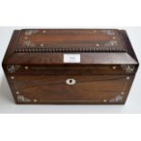AN EARLY 19TH CENTURY INLAID ROSEWOOD DOUBLE HANDLED TWO DIVISION TEA CADDY WITH MIXING BOWL CENTRE,