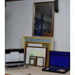 MIRROR, VARIOUS PICTURES & 2 BOXES WITH QUANTITY CUTLERY