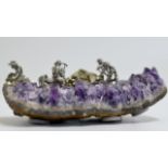 A NATURAL AMETHYST STONE DIORAMA DISPLAY WITH APPLIED WHITE METAL FIGURES MINING FOOLS GOLD