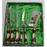 VINTAGE 5 PIECE BARON SOLINGEN GERMANY ANTLER HANDLED CARVING SET WITH ORIGINAL BOX