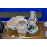 TRAY CONTAINING CAPODIMONTE STYLE FIGURE, ARTHUR WOOD VASE & ARTHUR WOOD BASKET