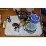 TRAY CONTAINING JAPANESE TEAPOTS, VICTORIAN LIDDED TEAPOT, USSR HORSE ORNAMENT ETC