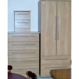 MODERN BEDROOM SUITE COMPRISING DOUBLE DOOR WARDROBE, 2 DRAWER BEDSIDE CHEST AND 5 DRAWER CHEST