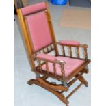 VICTORIAN MAHOGANY ROCKING CHAIR WITH PADDED SEAT, ARMS & BACK