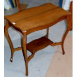 SHAPED OAK WINDOW TABLE ON STRETCHER BASE