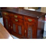 VICTORIAN STAINED OAK SIDEBOARD WITH BRASS HANDLES, 3 DOORS & 3 DRAWERS