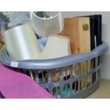 BASKET CONTAINING A QUANTITY OF VARIOUS TABLE LAMPS, BOOKS, PHOTO ALBUMS ETC