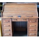 VICTORIAN SOLID OAK DOUBLE PEDESTAL ROLL TOP DESK WITH KEY