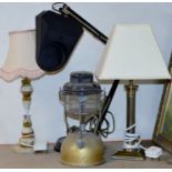 QUANTITY OF VARIOUS OLD TABLE LAMPS, GAS LAMP ETC