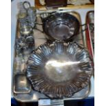TRAY CONTAINING VARIOUS EPNS WARE, HANDLED BASKET, DOUBLE HANDLED BOWL, VARIOUS CRUETS ETC