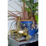 POTTERY PLANTER & OLD BRASS STEAM ENGINE DISPLAY