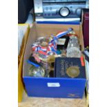 BOX WITH GLASS PAPER WEIGHTS, MEDALS, LIDDED BOTTLE ETC