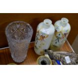 CUT CRYSTAL VASE & PAIR OF PAINTED GLASS VASES