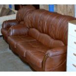2 PIECE MODERN BROWN LEATHER LOUNGE SUITE WITH WOOD TRIM COMPRISING 3 SEATER SETTEE & SINGLE ARM