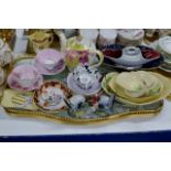 TRAY CONTAINING MIXED CERAMICS, LIDDED TEAPOT, VARIOUS CARLTON WARE DISHES, BUNNYKIN'S DISHES,