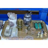 TRAY CONTAINING ONYX BOOKS ENDS, MASON'S POTTERY JUG, EPNS LIDDED TEAPOT, SMALL MINOR'S LAMP,