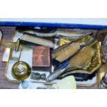 TRAY CONTAINING VARIOUS HAND MIRRORS, HAND BRUSHES, DESK DATA, BRASS PLANE, INKWELL ETC