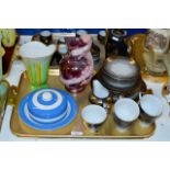 TRAY CONTAINING QUANTITY GERMAN TEA WARE, UNUSUAL ART POTTERY VASE, 1 OTHER ART POTTERY VASE & T.G