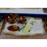 TRAY WITH 4 VARIOUS PIECES OF CARLTON WARE PORCELAIN & CUT CRYSTAL DISH